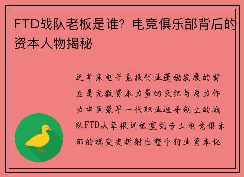 FTD战队老板是谁？电竞俱乐部背后的资本人物揭秘